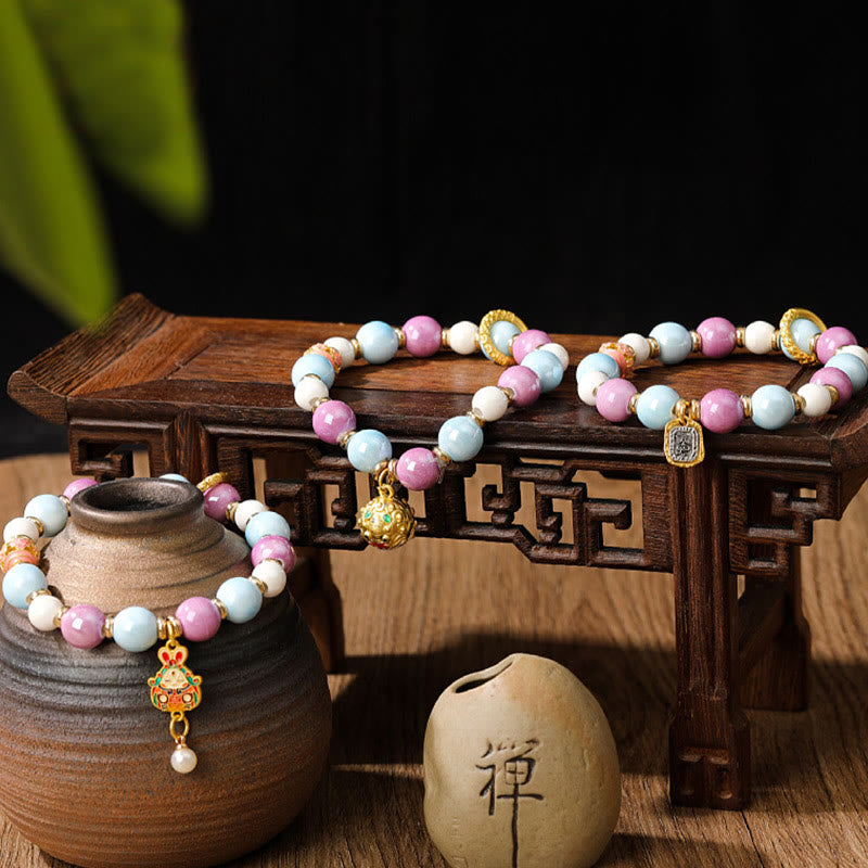 BWOOOH Tibetan Zakiram Goddess of Wealth Rabbit Lion Head Charm Liuli Glass Incense Ash Porcelain Bead Protection Bracelet