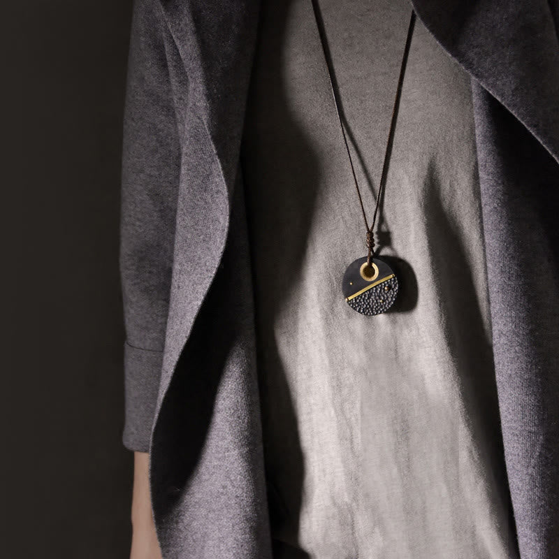 BWOOOH Handcrafted Round Ebony Wood Brass Copper Peace Necklace Pendant