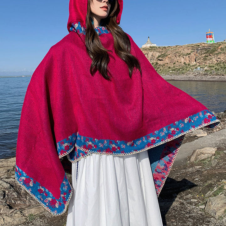 BWOOOH Tibetan Shawl Border Small Floral Flower Hooded Cl