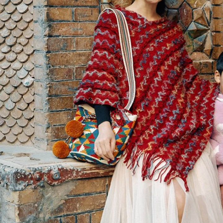 BWOOOH Tibetan Colorful Striped Shawl Tassels Pullover Wi