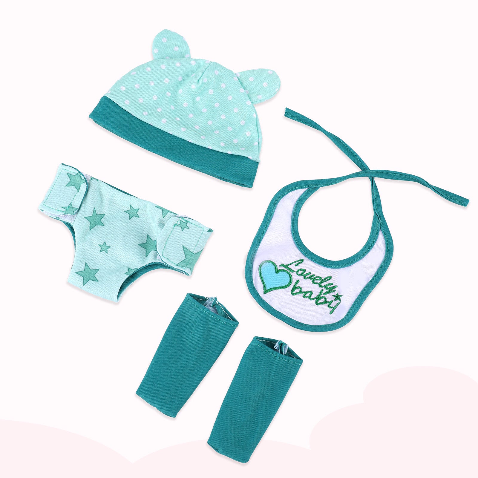 12 Inches Essential Accessories Green Feeding Bib Clothes Set for Reborn Babies 4 Pcs Set