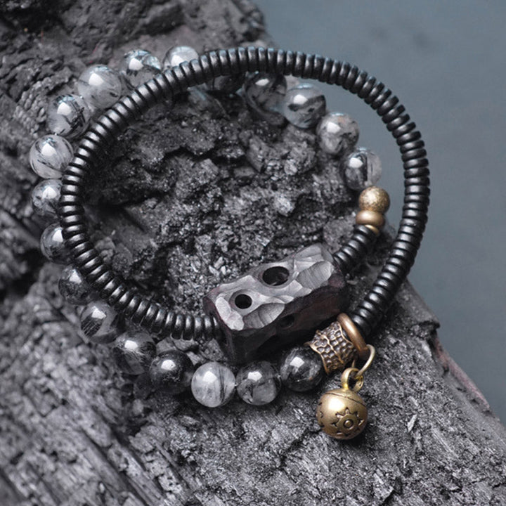 BWOOOH Black Rutilated Quartz Ebony Wood Copper Wisdom Couple Bracelet