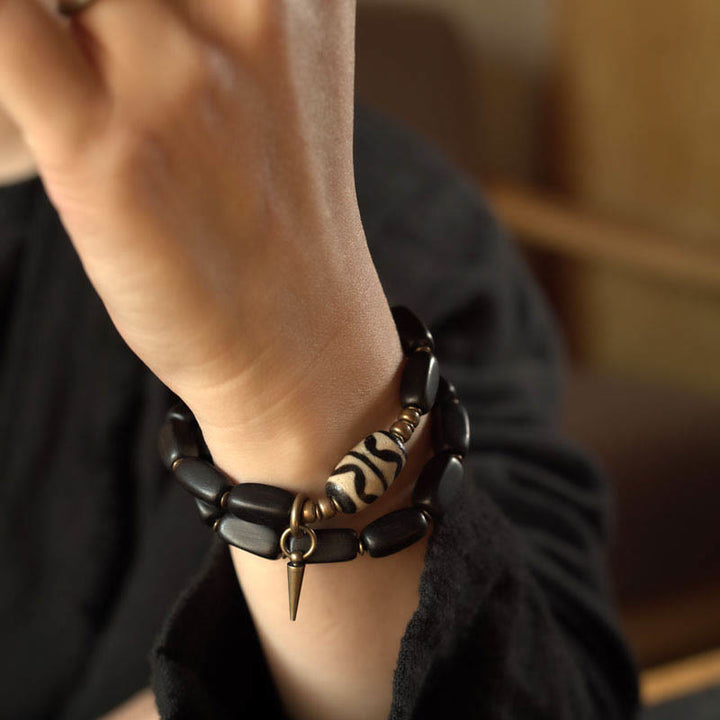 BWOOOH Tibet Ebony Wood Dzi Bead Copper Balance Double Wrap Bracelet