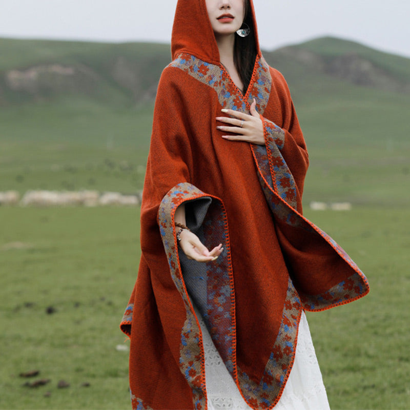 BWOOOH Tibetan Shawl Border Small Floral Flower Hooded Cl