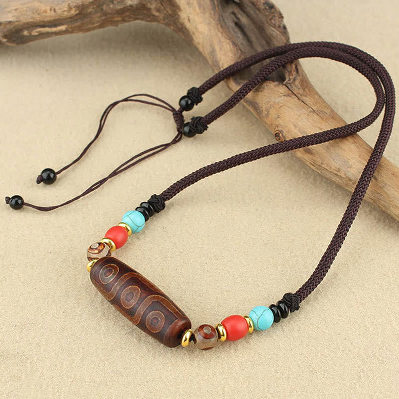 BWOOOH Tibetan Nine-Eye Dzi Bead Three-eyed Dzi Bead Protection String Necklaces Pendant