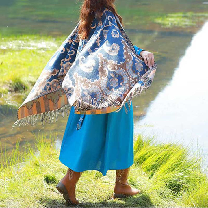 BWOOOH Tibetan Flowers Leaves Branch Design Tassel Shawl 