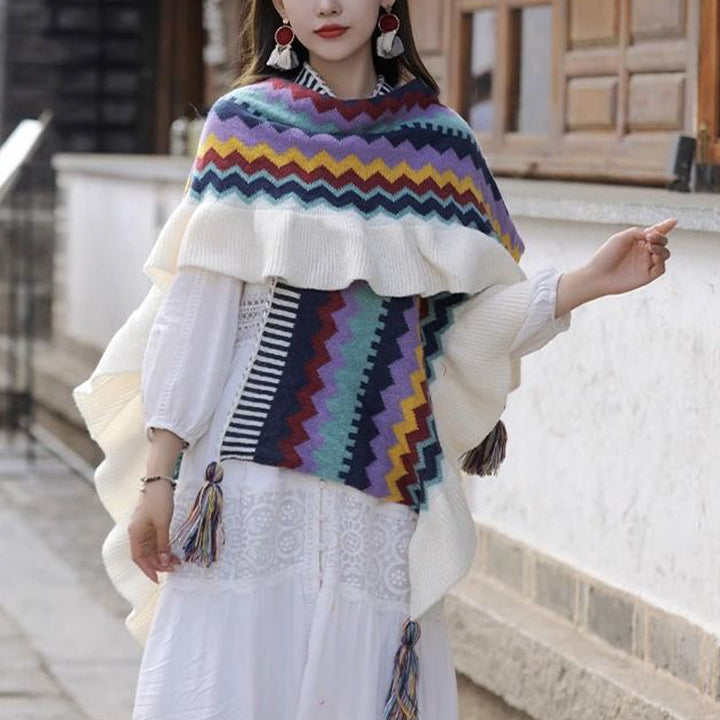 BWOOOH Tibetan Shawl Colorful Striped Wavy Line Tassels W