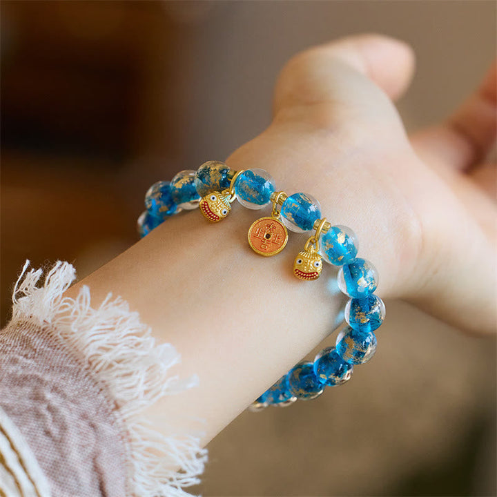 BWOOOH Gold Swallowing Beast Copper Coin Good Luck Charm Liuli Glass Bead Fortune Bracelet