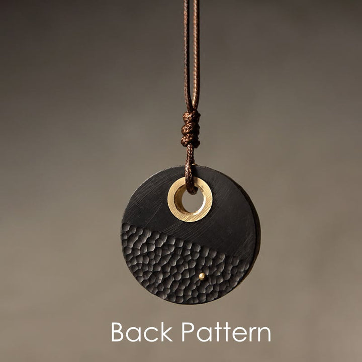 BWOOOH Handcrafted Round Ebony Wood Brass Copper Peace Necklace Pendant