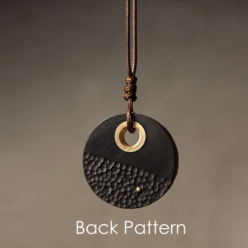 BWOOOH Handcrafted Round Ebony Wood Brass Copper Peace Necklace Pendant