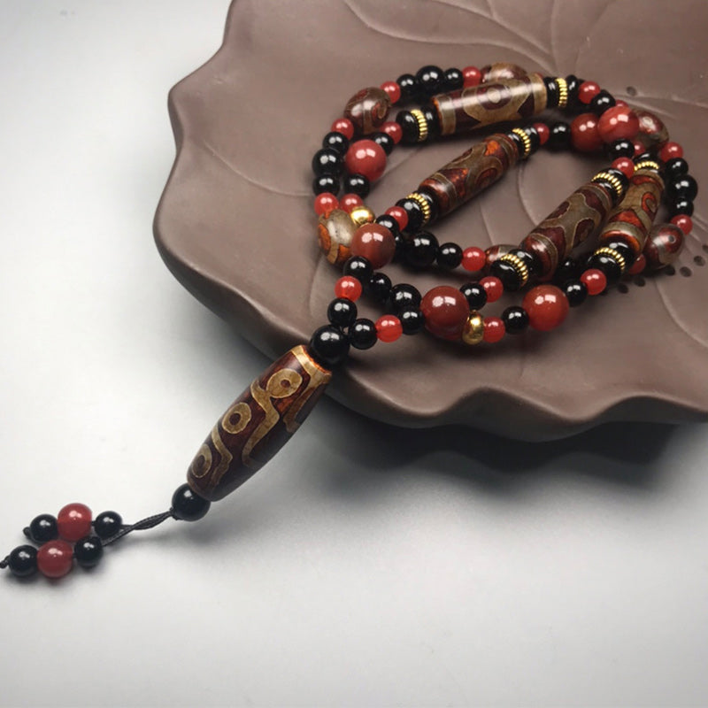 BWOOOH Nine-Eye Dzi Bead Red Agate Wealth Health Necklace