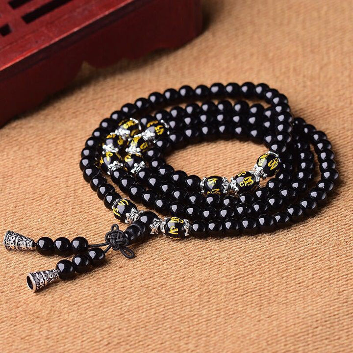 BWOOOH Black Obsidian Six True Words Protection Mala Bracelet