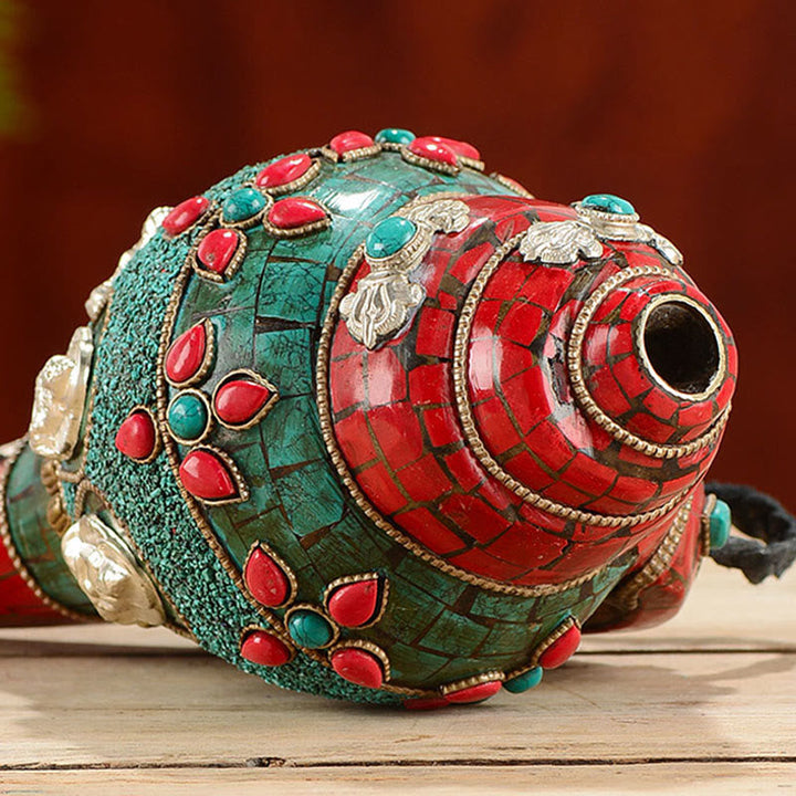 BWOOOH Tibetan Handmade Shankha Om Mani Padme Hum Buddha Avalokitesvara Turquoise Conch | Turquoise