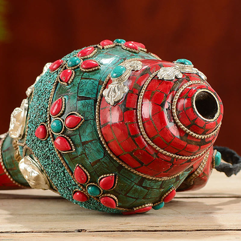 BWOOOH Tibetan Handmade Shankha Om Mani Padme Hum Buddha Avalokitesvara Turquoise Conch | Turquoise
