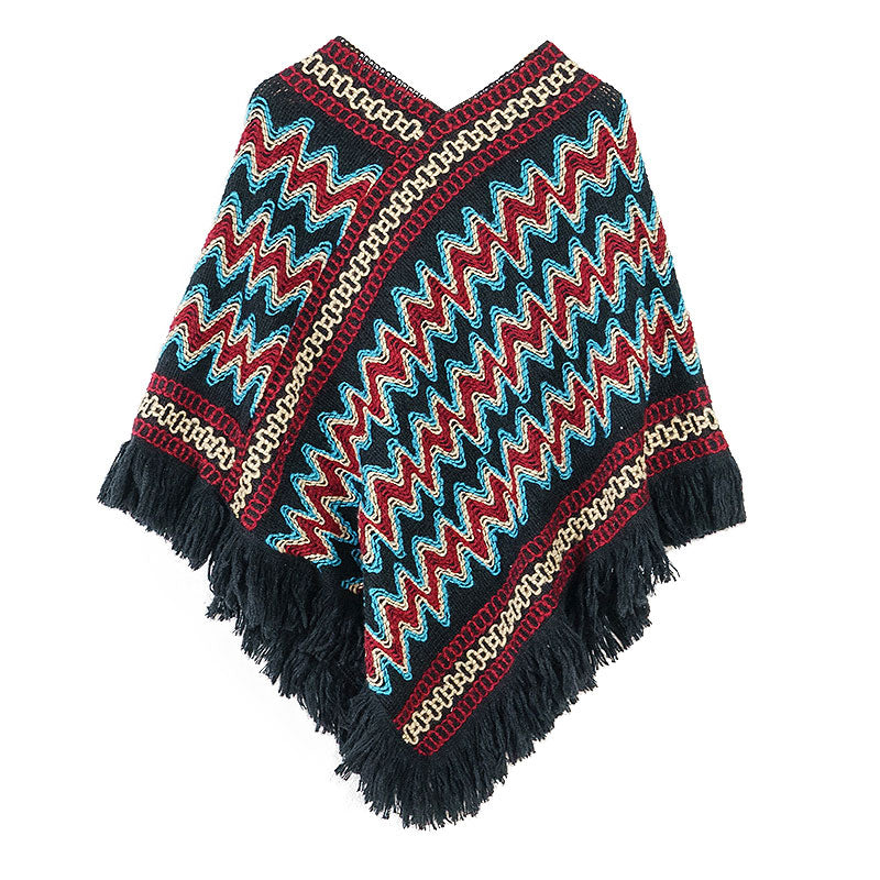 BWOOOH Tibetan Shawl Striped Knitted Tassels Pullover Win