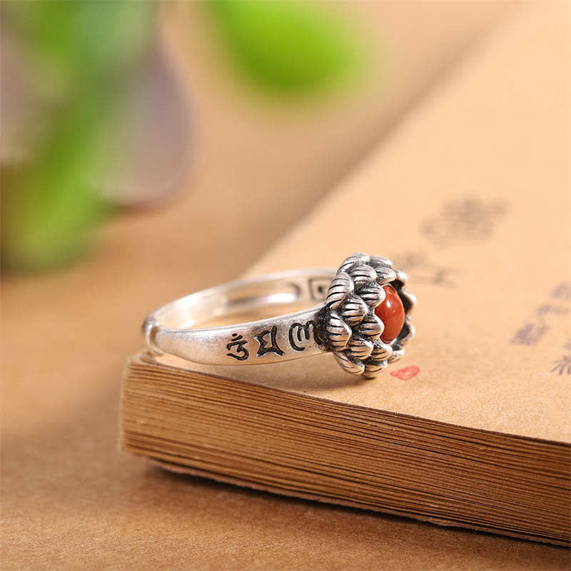BWOOOH925 Sterling Silver Lotus Red Agate Confidence Blessing Ring
