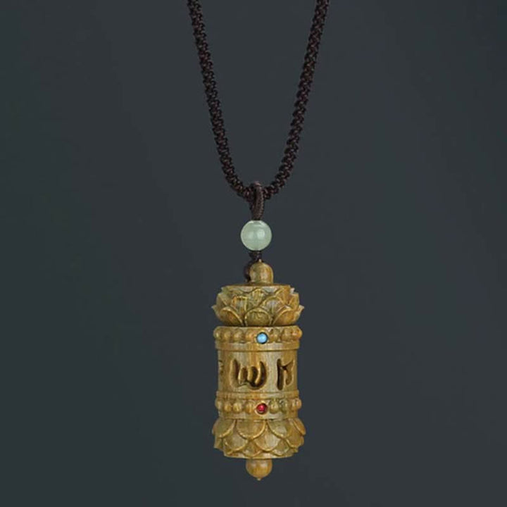 BWOOOH Tibet Green Sandalwood Rosewood Om Mani Padme Hum Lotus Positive Soothing Necklace Pendant