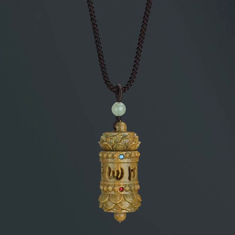 BWOOOH Tibet Green Sandalwood Rosewood Om Mani Padme Hum Lotus Positive Soothing Necklace Pendant