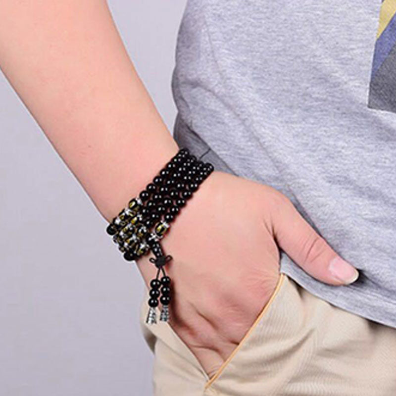 BWOOOH Black Obsidian Six True Words Protection Mala Bracelet