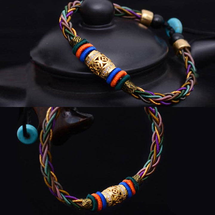 BWOOOH Tibetan Handmade Eight Thread Knot Copper Coin Luck Weave String Bracelet
