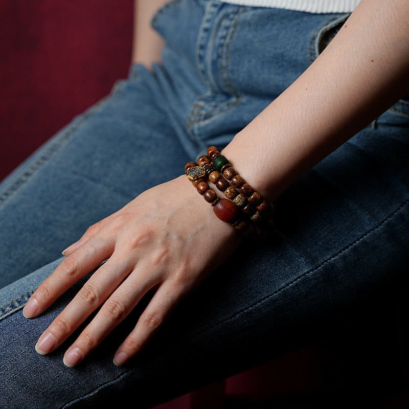 BWOOOH Tibetan Bodhi Seed Amber Dzi Bead Agate Zakiram Goddess of Wealth Beads Triple Wrap Bracelet