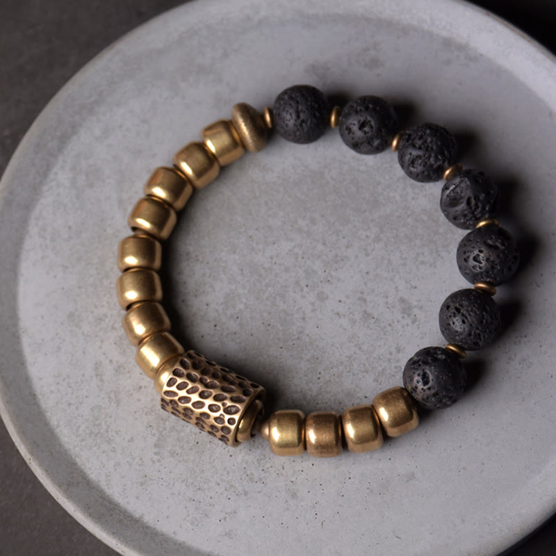 BWOOOH Lava Rock Stone Rainbow Obsidian Brass Support Healing Bracelet