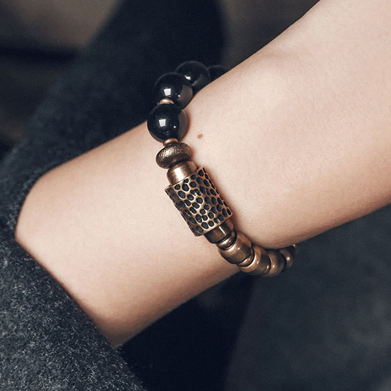 BWOOOH Lava Rock Stone Rainbow Obsidian Brass Support Healing Bracelet