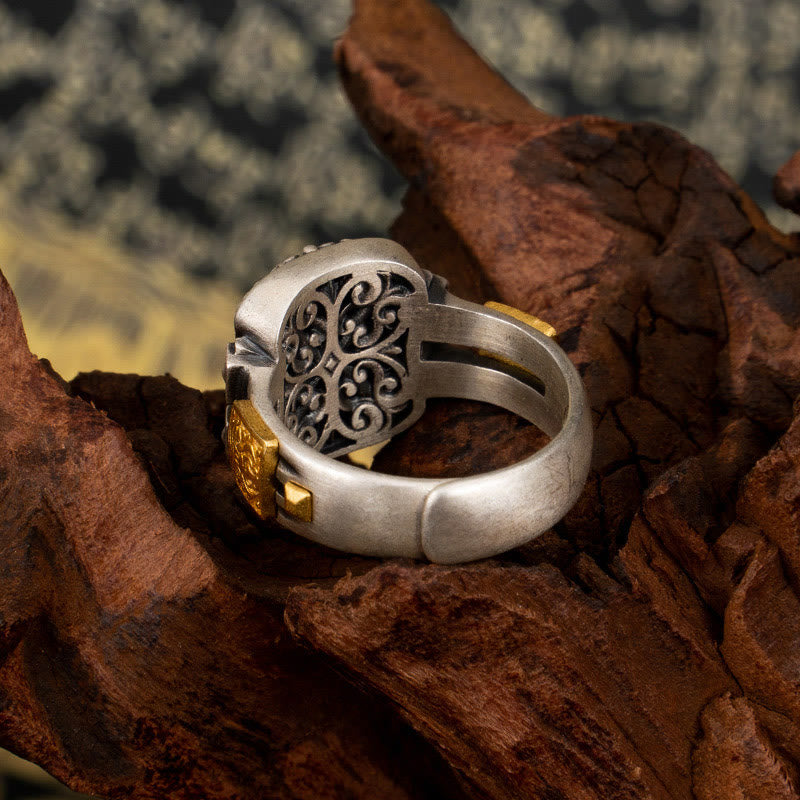 BWOOOH 925 Sterling Silver Zakiram Goddess of Wealth Design Dzi Bead Protection Ring