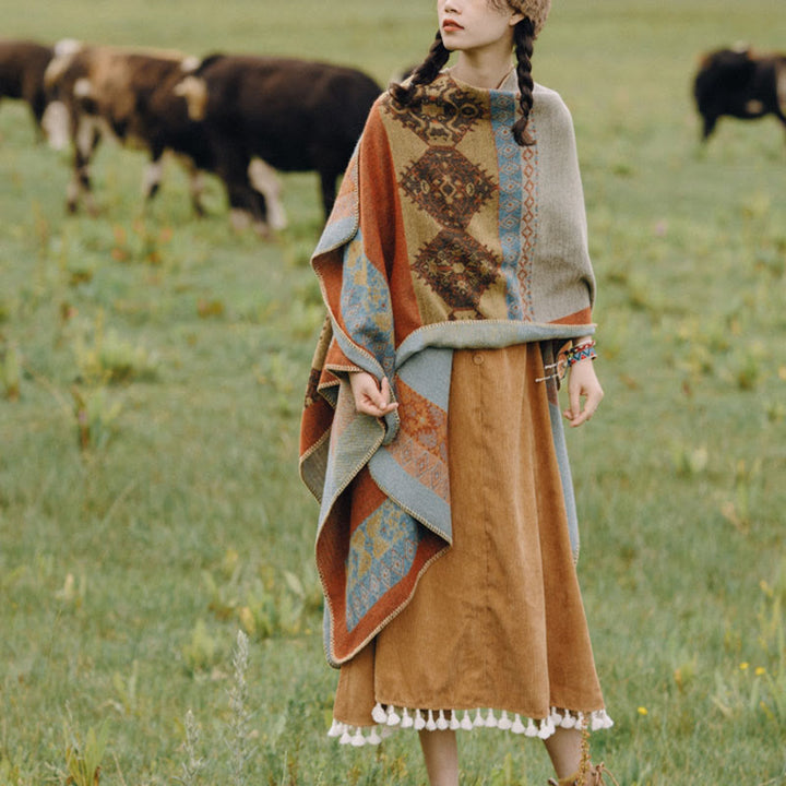 BWOOOH Tibetan Shawl Diamond Pattern Winter Warm Cloak Sc