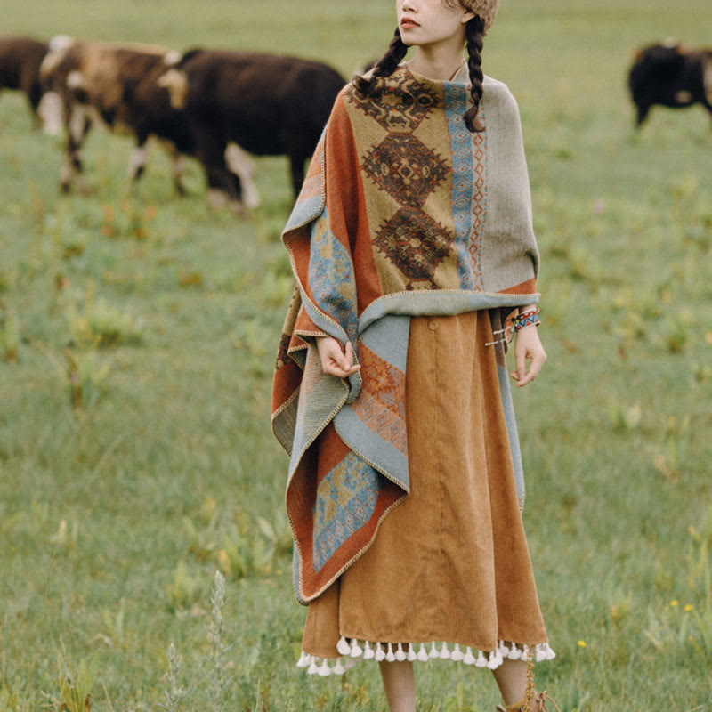 BWOOOH Tibetan Shawl Diamond Pattern Winter Warm Cloak Sc