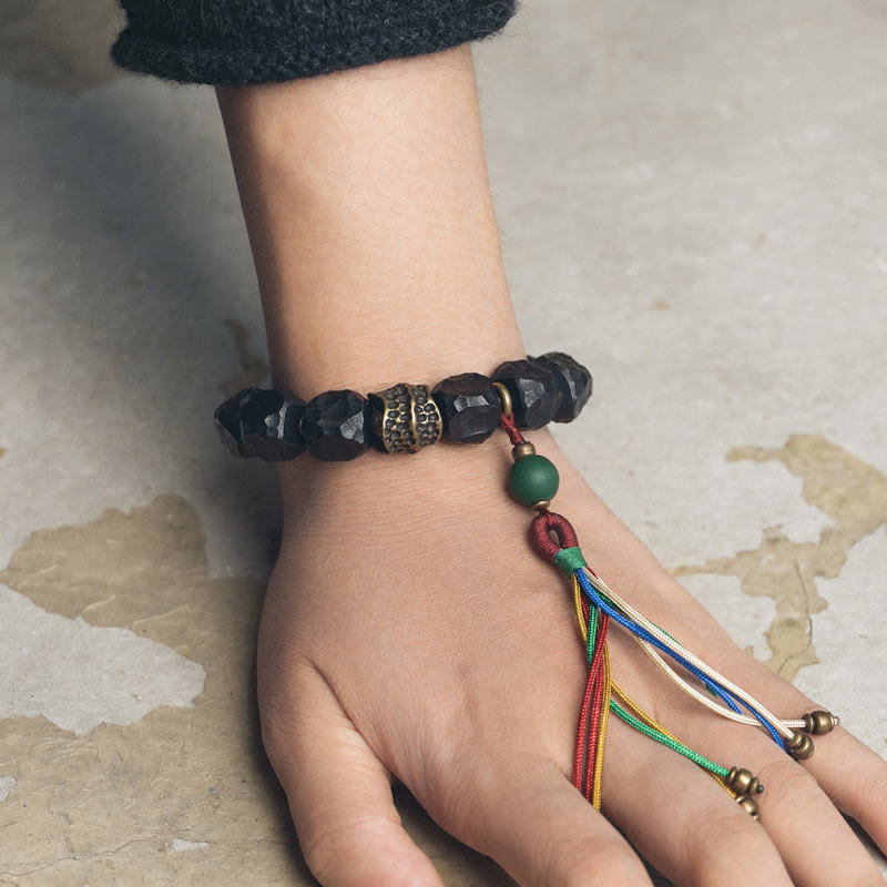 BWOOOH Tibet Ebony Wood Copper Peace Tassel Wrist Mala Bracelet