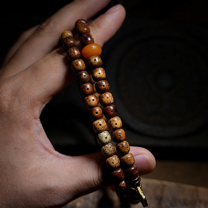 BWOOOH Tibetan Bodhi Seed Amber Dzi Bead Agate Zakiram Goddess of Wealth Beads Triple Wrap Bracelet