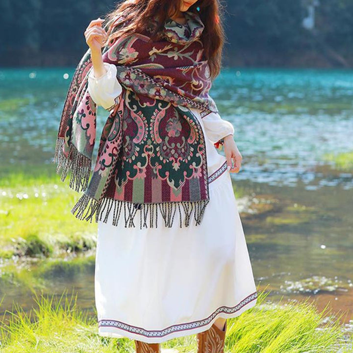 BWOOOH Tibetan Flowers Leaves Branch Design Tassel Shawl 