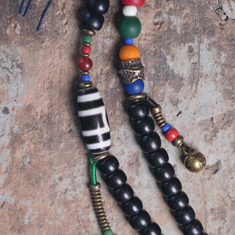 BWOOOH 108 Beads Mala Ebony Wood Dzi Bead Copper Balance Tassel Bracelet