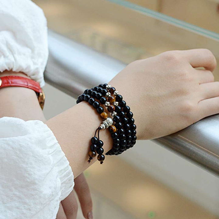 BWOOOH Black Obsidian Tiger Eye Blessing Mala Bracelet