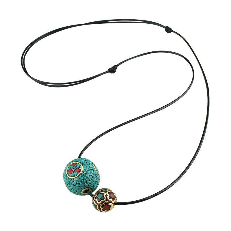 BWOOOH Tibetan Turquoise Double Bead Protection Strength Necklace Pendant