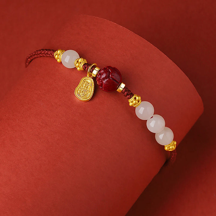 BWOOOH 24K Gold Plated Hetian White Jade Cinnabar Lotus Luck Rope Bracelet | spiritual healing bracelet