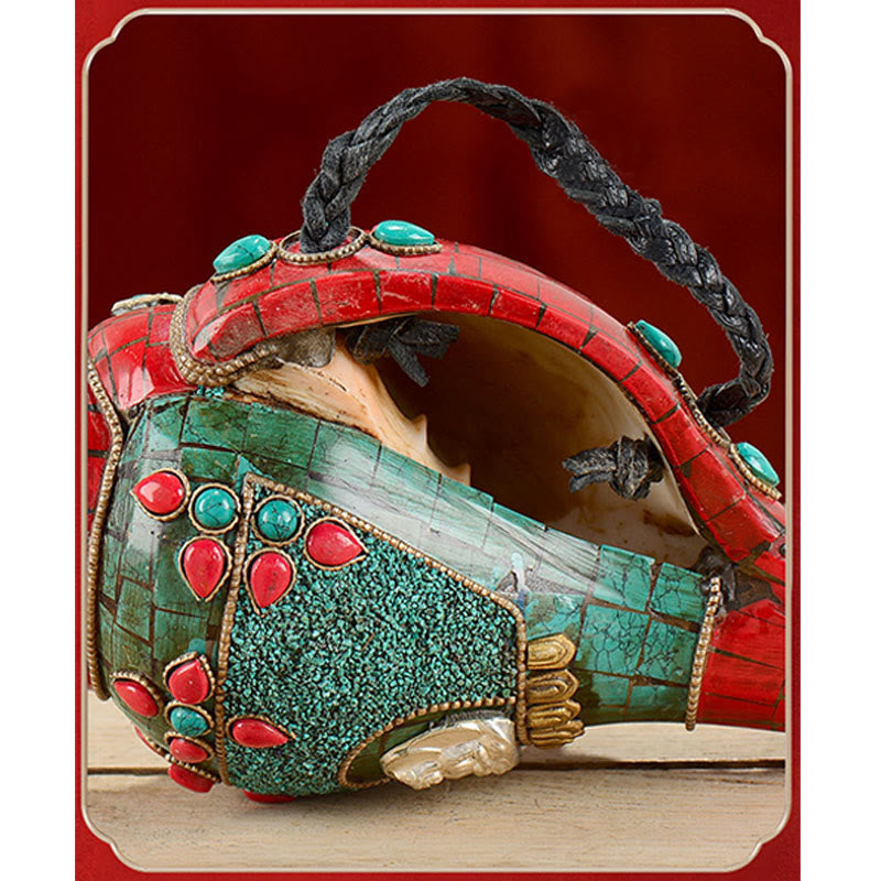 BWOOOH Tibetan Handmade Shankha Om Mani Padme Hum Buddha Avalokitesvara Turquoise Conch | Turquoise