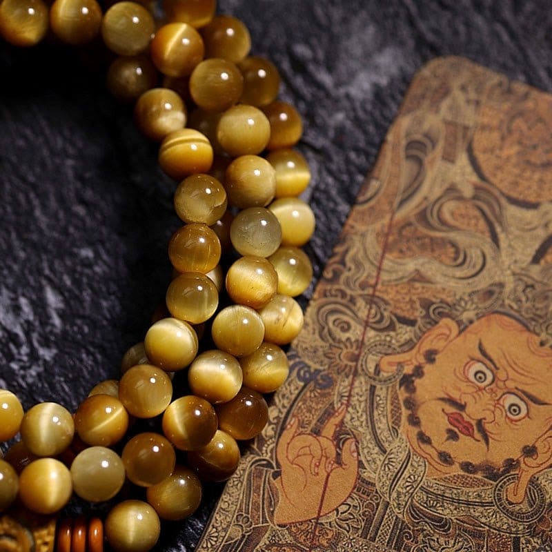 BWOOOH 108 Mala Beads Natural Tiger Eye Copper Dorje Protection Tassel Bracelet
