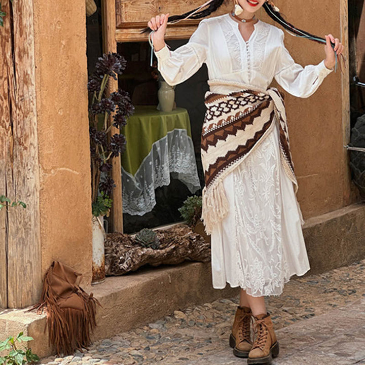 BWOOOH Tibetan Striped Brown Beige Tassel Shawl Winter Co