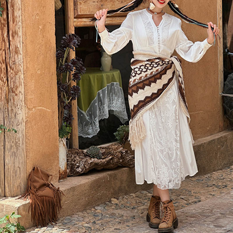 BWOOOH Tibetan Striped Brown Beige Tassel Shawl Winter Co