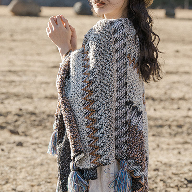 BWOOOH Tibetan Shawl Gray Brown Striped Knitted Tassels W