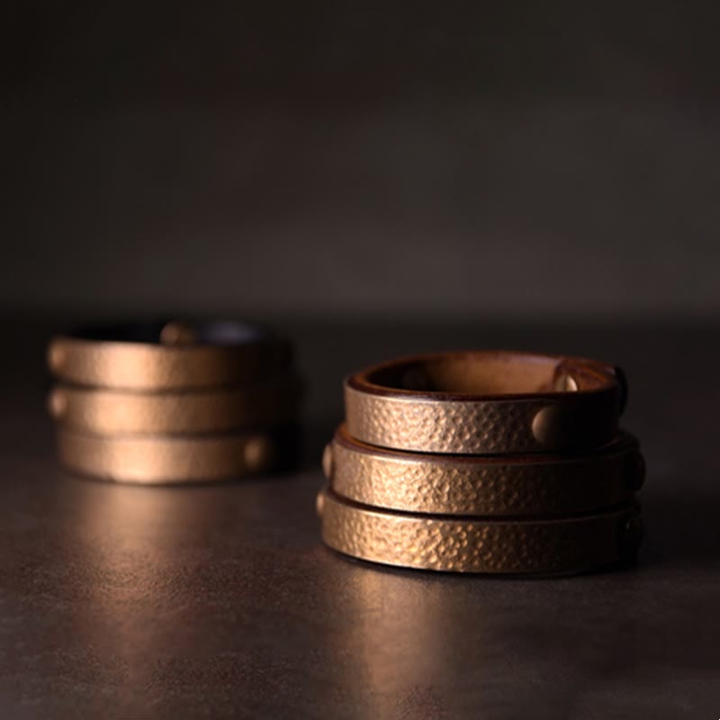 BWOOOH Vintage Handmade Texture Copper Brass Leather Wealth Bracelet Bangle