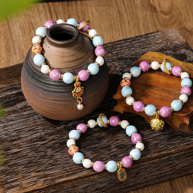 BWOOOH Tibetan Zakiram Goddess of Wealth Rabbit Lion Head Charm Liuli Glass Incense Ash Porcelain Bead Protection Bracelet