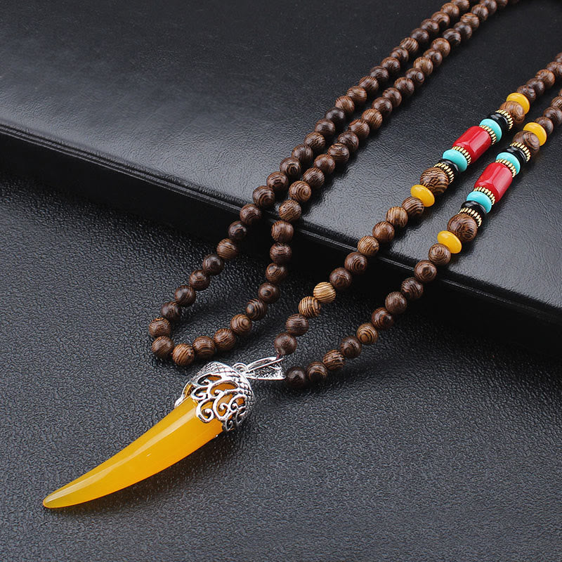 BWOOOH Wenge Wood Turquoise Stone Horn Style Protection Meditation Necklace Pendant