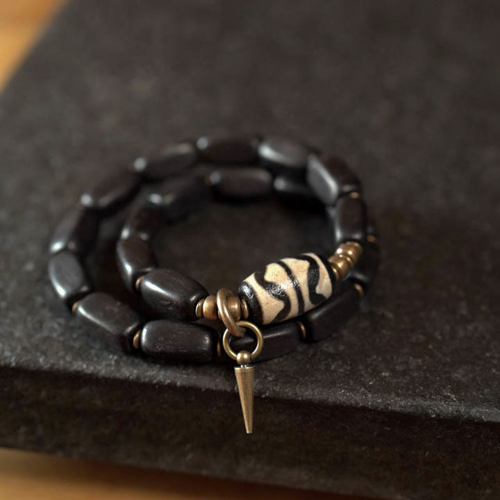 BWOOOH Tibet Ebony Wood Dzi Bead Copper Balance Double Wrap Bracelet