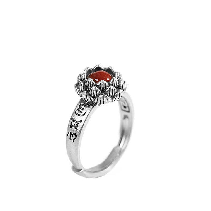 BWOOOH925 Sterling Silver Lotus Red Agate Confidence Blessing Ring