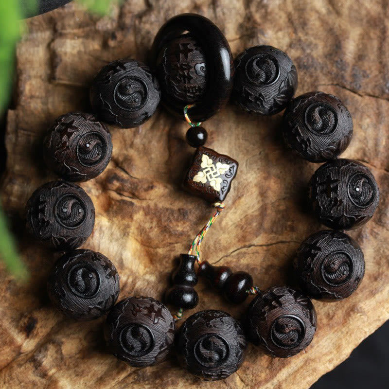 BWOOOH Ebony Wood Chinese Character Yin Yang Engraved Gourd Balance Bracelet – natural gemstone bodhi seed bracelet for healing and spiritual wellness