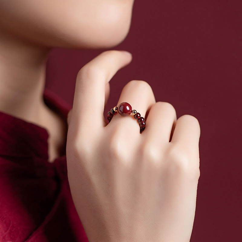BWOOOH Garnet Cinnabar Lucky Bead PiXiu Om Mani Padme Hum Rose Protection Ring