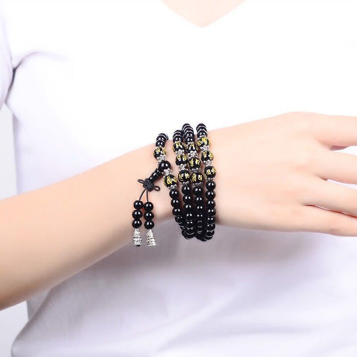 BWOOOH Black Obsidian Six True Words Protection Mala Bracelet